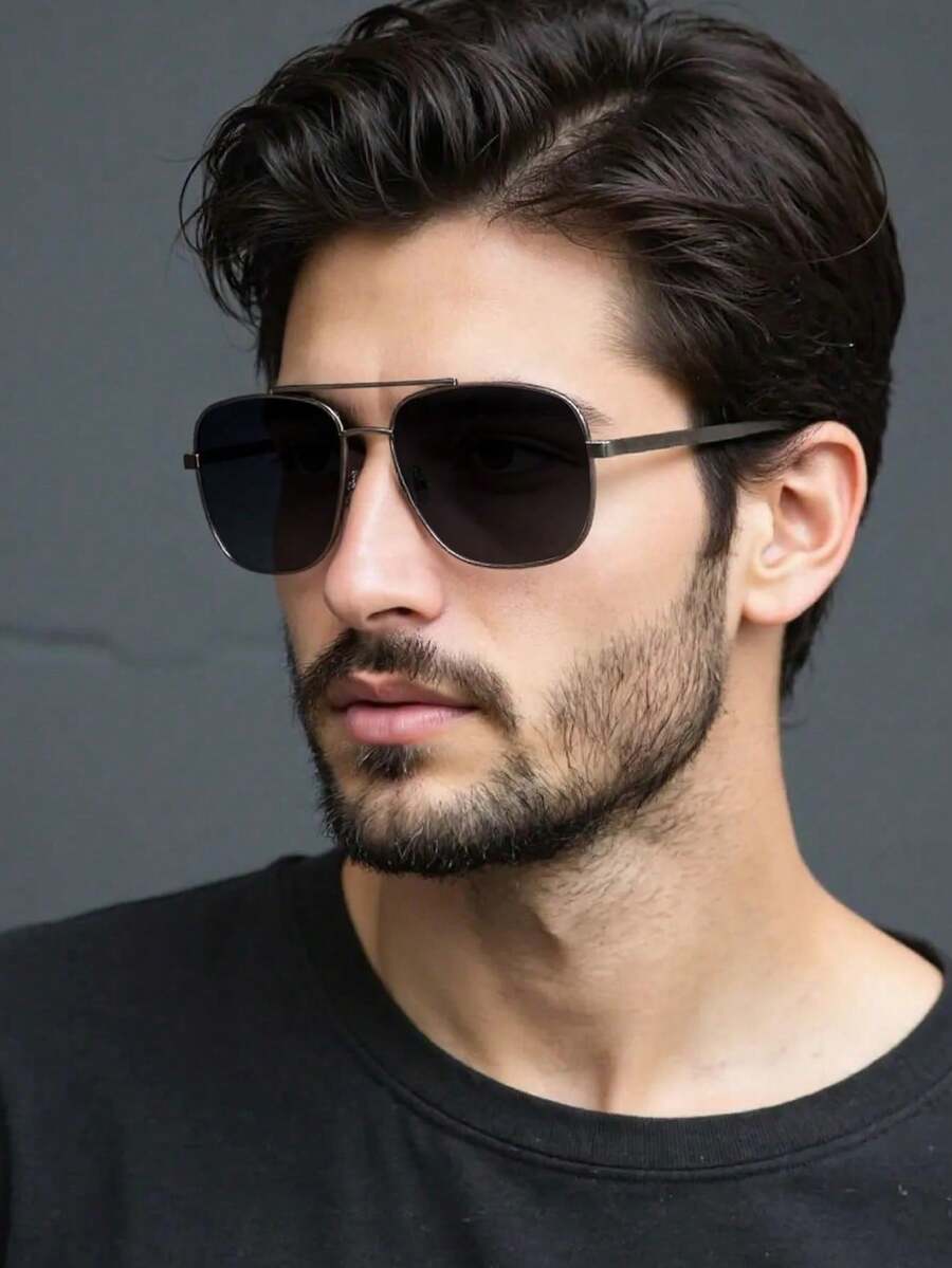 1pc Men's Retro Metal Frame Hollow Dual-Bridge Aviator Eyeglasses - Gun Gray Frame Black Film - View 1