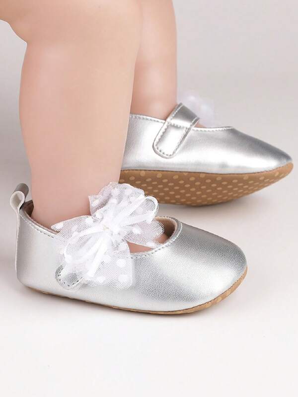 Infant Baby Girls Princess Shoes, Shine Surface Dot Print Mesh Bowknot Flats Non-Slip Wedding Slippers Adorable Baby Shoes