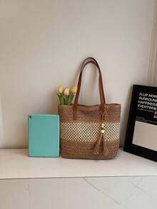 Women's Large Capacity Tote Bag Fashion Tassel Beach Shoulder Bag Handbag, Suitable For Travel, Daily Shopping