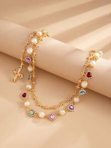 1pc Pearl Flower Pants Chain, High-End Style, Male Hip-Hop,Multi-Layer Metal Cross Pendant With Faux Pearl And Gemstone Inlay, Fashion Accessory With Hiphop Punk Style, Suitable For Pants Chain, Keychain, Waist Decoration, Teen, Casual Outdoor, Athletic, Vacation, Travel, Graduation, Birthday, Daily Wear