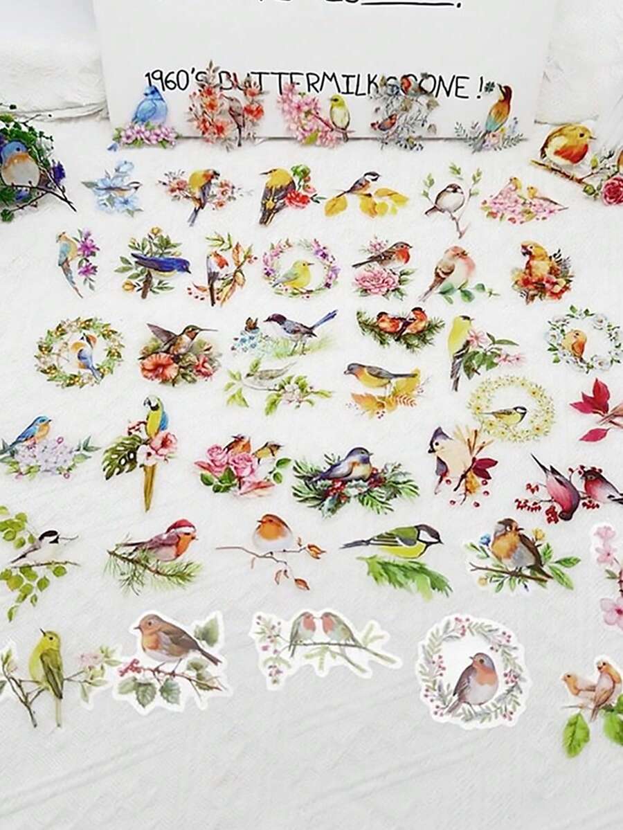50 Piezas Pegatinas de pájaros acuarela estética DIY Decoración Oficina Escuela Maestro Scrapbooking Contabilidad manual Regalo para amante de aves Suministros de periodista Pegatinas transparentes de pájaros Diario PET - Negro - Ver 1
