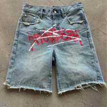 Vintage Wash Graphic Denim Shorts – Loose Fit Straight Leg Streetwear For Men - Blue - View 2