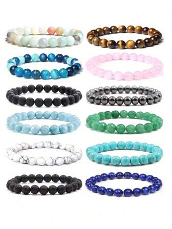 1Pc 8mm Natural Stone Crystal Elastic Bead Bracelet Adjustable For Both Men And Women