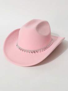 1 Peça Chapéu de Feltro Unissex, Chapéu de Feltro de Lã de Cor Sólida e Plano na Parte Superior com Decoração de Cinto em Formato de Diamante, Chapéu de Cowboy Ocidental Estiloso, Adequado para Noiva, Apresentação, Festa, Uso Externo, Todas as Estações