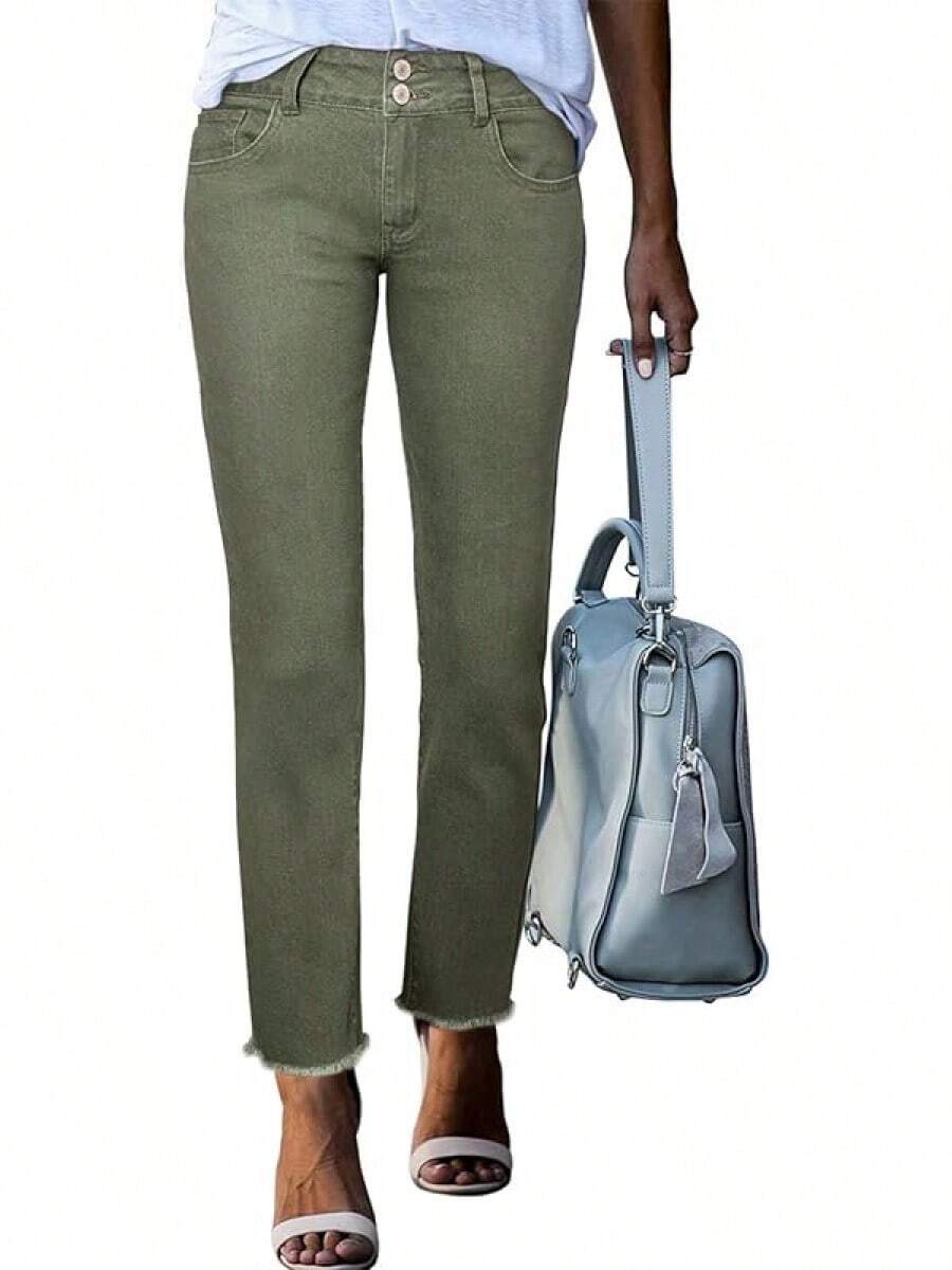Sidefeel Women's High Waisted Jeans Strechy Fashion Hem Straight Leg Ankle Pants With Pockets - Green - View 1