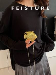 FEISTURE 1pc Gold Fish Mini Party Clutch Bag, Women Personal Fashion Chain Lipstick Purse, Suitable For Valentine's Day, Party, Date, Shoulder/Crossbody Bag, Coin Pouch , Gold Bag - Gold - View 6