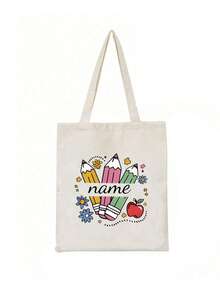 Pencil Print Polyester Custom Name Tote Bag - Casual Style, Lightweight, Open Closure, Fixed Shoulder Strap, Hand Washable, Daily Commute Bag With Printed Design, High-Capacity Travel Storage Bag