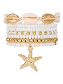 7pcs/Set Ocean Style Shell, Glass Bead, CCB, Zinc Alloy Starfish Pendant Beaded Bracelet Set, Suitable For Women Everyday And Beach Wear