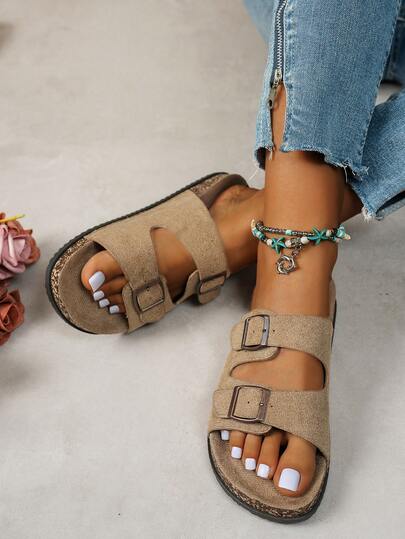 Kadın Konfor Kayışları Ayarlanabilir Tokalı Slip-on Sandaletler Slayt Mantar Tabanlı Sandaletler