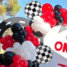 109 piezas/set Guirnalda de coches de carreras Balloon, látex rojo, negro, blanco, lámina a cuadros de 18" en blanco y negro adecuado para ducha, coche, fiestas de camiones, decoraciones de cumpleaños con temática de coche de carrera, decoración de fiesta de aniversario para hombres - rojo y negro - Ver 4