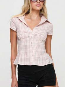 Women Y2k Button Down Shirt Top Blouse Plaid/Solid Color Short Sleeve Lapel Slim Fit Gingham T Shirts Crop Tops Summer Going Out Cropped Tees Tops Party Club Streetwear - Pink - View 2