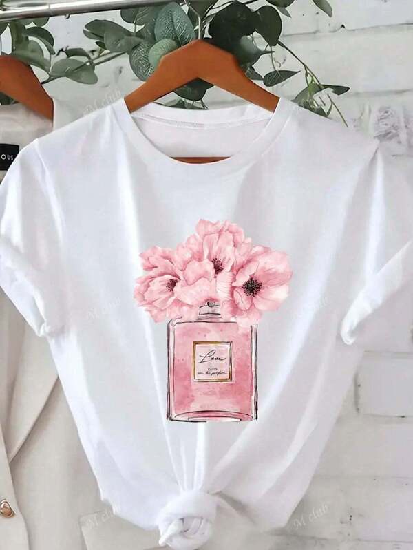 Plus Size Women Casual Short Sleeve Round Neck T-Shirt, Floral Print Design, Summer,Graphic Tees Women