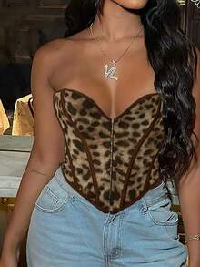 Blazique Top Tubular Modelador com Estampa de Leopardo, Ilhós, Amarração Frontal e Costas Abertas, Ideal para Festivais de Música no Estilo Y2K - Multicolorido - Visão 4