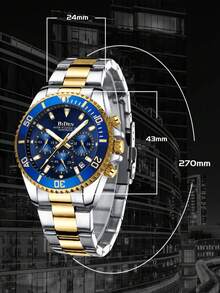 BIDEN 男士手表，男士商务手表，男士运动计时器，日历夜灯石英表，不锈钢表带防水时钟男士手表，免费链环拆卸器+盒子 - 金色 - 查看 7