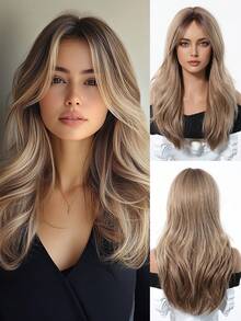 20 Inch Long Straight Blonde Wig With Bangs, Middle Part Layered, Dark Roots, Heat Resistant Synthetic Fiber Wig, Suitable For Daily Wear And Parties, 20 Inch/51cm - Multicolor - View 8