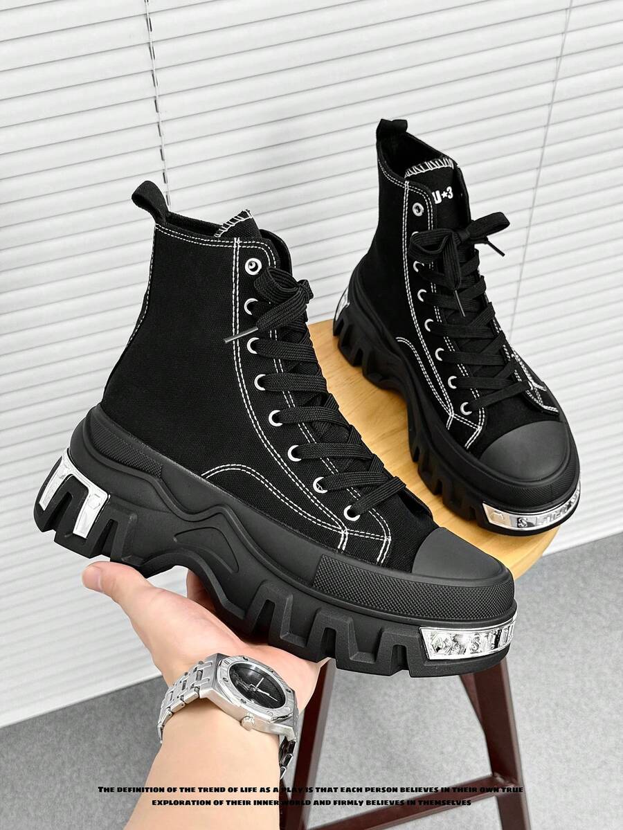 SLnU3 Men's Fashionable Thick Sole Boots, Casual Punk Style College Outdoor Fabric Rivet Inlaid Cool College Outdoor All Season Stylish