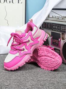 优雅甜美欧美复古厚底运动鞋，透气设计，穿孔星星贴片，舒适女士休闲街头休闲鞋，适合度假、户外、约会、礼物 - 白玫紅粉 - 查看 7