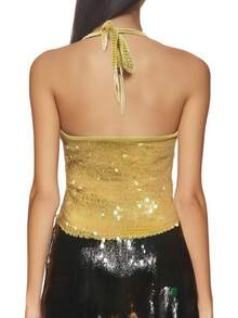 Womens Sequin Sparkle Halter Crop Tops Pearl Embellished Cami Tank Tops Y2k Bling Glitter Rhinestone Camisole Party Going Out - 黃色 - 查看 4