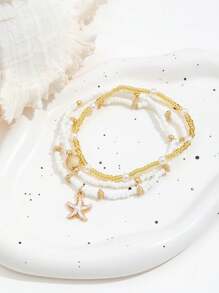 3pcs Women's Simple White Bead Pearl, Golden Starfish & Shell Anklet, Suitable For Everyday Wear And Vacation Travel