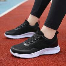 Zapatillas deportivas informales de mujer con cordones de malla y transpirables, de estilo versátil tipo preppy en blanco y negro, cómodas para usar en el trabajo, adecuadas para todas las estaciones - Blanco y Negro - Ver 6