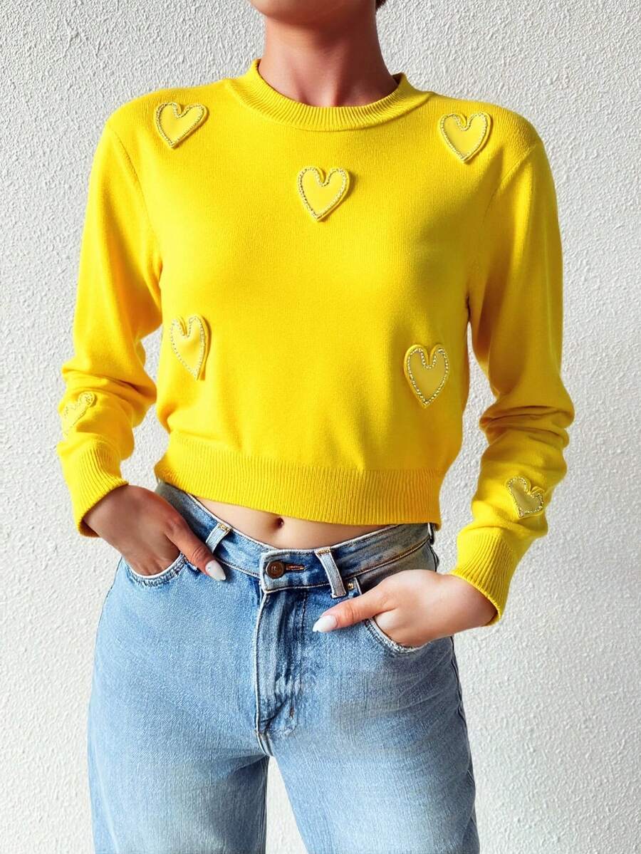 Suéter Tejido Punto Corazones Piedras Brillantes Cuello Redondo Manga Larga Mujer Romantic Aesthetic Cómodo Casual Elegante Femenino Juvenil Moderno Versátil Soft Temporada Otoño Invierno Cute Adorable - Amarillo - Ver 1
