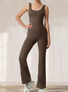 Yefecy Women Workout Flare Jumpsuits ,High Stretch Athletic Jumpsuit,Sexy Backless Gym Bodycon Scrunch Butt Yoga Unitard Jumpsuit V Back