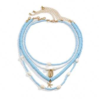 4pcs/Set Fashionable Bohemian Style Shell Links & Beaded Layered Necklace, Suitable For Women Daily Wear