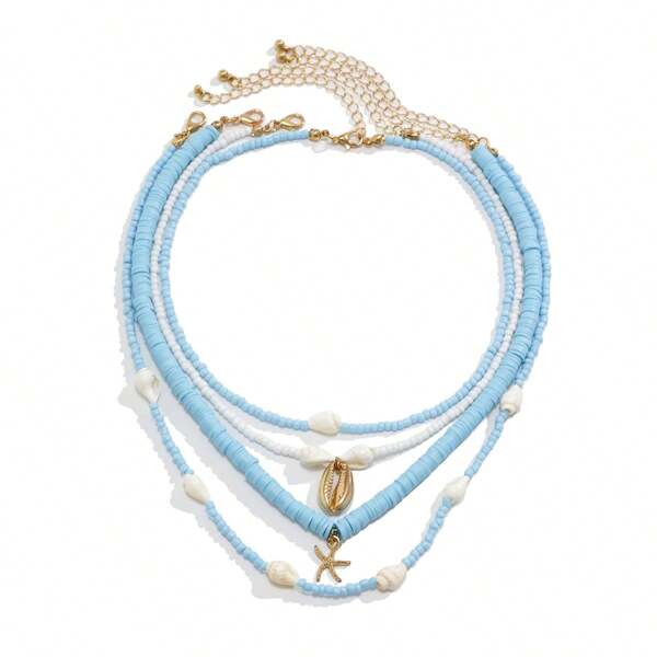 4pcs/Set Fashionable Bohemian Style Shell Links & Beaded Layered Necklace, Suitable For Women Daily Wear