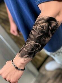 1 Sheets Big Size Body Art Temporary Tattoo Stickers For Men , Black Realistic Animal Style Lion Dad And Lion Baby Pattern, Waterproof Fake Tattoo, Lasts 2-5 Days, Covering Scars, Can Be Used On Arms Wrist Shoulders Legs Waist Neck Hand Chest Thighs - Black - View 2