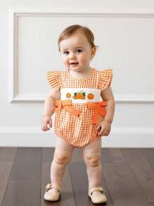 Baby Girl Halloween Romper Pumpkin Embroidered Plaid Bows Crew Neck Flying Sleeve Jumpsuit For Fall