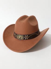 1pc Women's Genuine Leather Decor Cowboy Hat, European & American Style Wide Brim, Cowboy Jazz Hat, Fashion Versatile For Music Festivals, Western Style Events, Vintage Parties, Costume Parties, Performances, And More Occasions - Top Hat - View 4