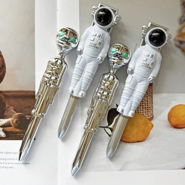4 Stück Spaß Neuheit Stift Kombi-Set - 2 Stück Alien Neuheit Gelschreiber mit schwarzer Tinte & 2 Stück Astronaut Kugelschreiber mit blauer Tinte, Science-Fiction Schreibstift Instrument für coole Büroartikel, Schul- und Bürotisch Dekoration