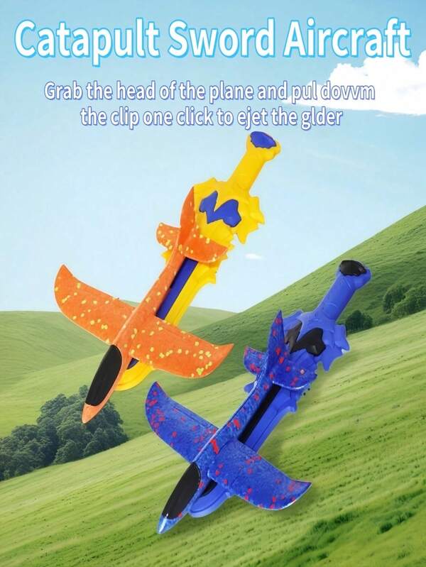 Épée en mousse lancée par catapulte et avion planeur lancé à la main pour enfants - jeu interactif parent-enfant de vol extérieur pour garçons et filles, jouet de lancement vers le ciel pour le parc, avec avion en mousse en cadeau