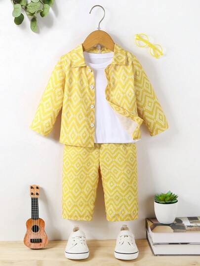 2 pezzi Set casual e semplice da ragazzo, composto da camicia a maniche lunghe e pantaloni con vita elastica, stile da vacanza e per il tempo libero all'aperto