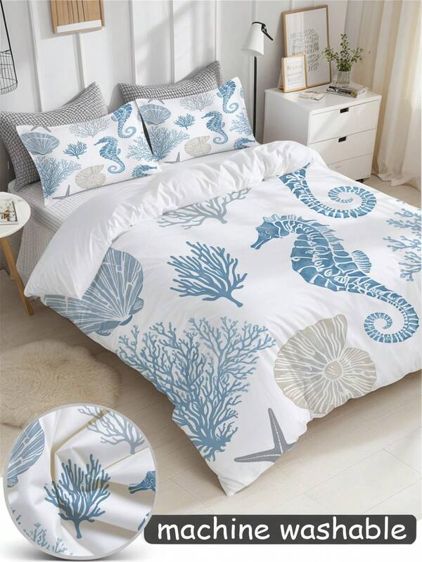 3 Peças Conjunto de Roupa de Cama Criativa com Estampa de Cavalo-Marinho e Coral do Oceano (1*Edredom + 2*Fronhas, Sem Enchimento), Tema Oceânico, Alivia o Cansaço Visual, Adequado para Todas as Estações, Ideal para Hotel, Quarto, Quarto de Hóspedes e Decoração de Dormitório