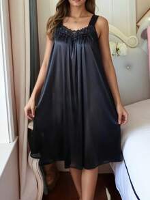 5 Ladies Elegant Solid Color Mixed Lace Pajamas Dress, Thin Shoulder Strap Strapless Loose Skirt With Suspenders, Comfortable Pajamas - 彩色 - 查看 4