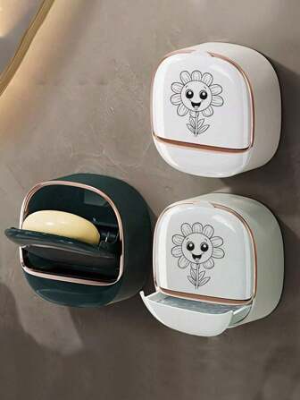 1pc Luxury Wall Mounted Soap Dish With Cover, Drain Soap Holder, Waterproof Soap Tray Storage, Suitable For Bathroom, Shower, Travel, Dorm, Simple Soap Dish, Toiletry, Bathroom Accessories, Bathroom Storage Rack, Back To School Supplies, Home Essentials
