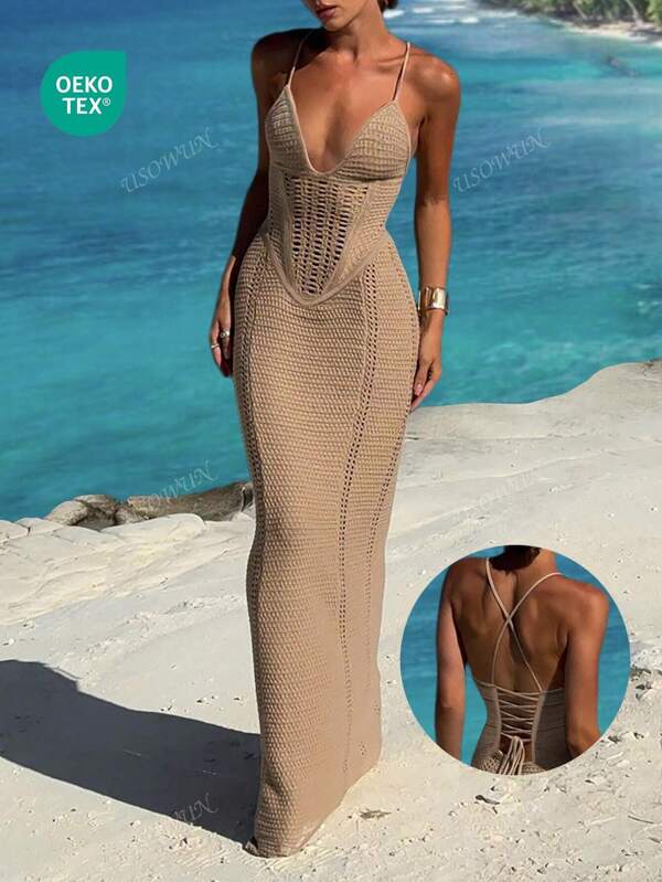 Women's Solid Color Sexy Backless Hollow Out Beach Vacation Slim Fit Cover Up Long Dress