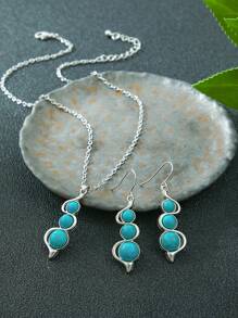 TopHanqi Set de 3 piezas de joyas retro: Pendientes colgantes de plata falsa con turquesa vintage, collar con colgante geométrico en forma de calabaza, accesorio versátil para uso diario, fiestas, ir al trabajo, idea de regalo para todas las estaciones