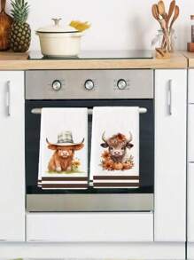 2Pcs Kitchen Towel Watercolor Floral Highland Cow Country Style Farmhouse Dish Towel Kitchen Dishwashing Hand Tea Towel Kitchen Dry Dish Towel Suitable For Kitchen Restaurant Dining Table