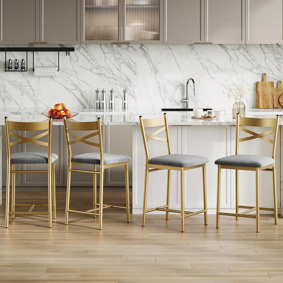 CuisinSmart Bar Stools Set Of 4  Thick Pu Upholstered Barstools With Footrest For Dining Room Kitchen Island,Easy Assembly - Gold - View 1