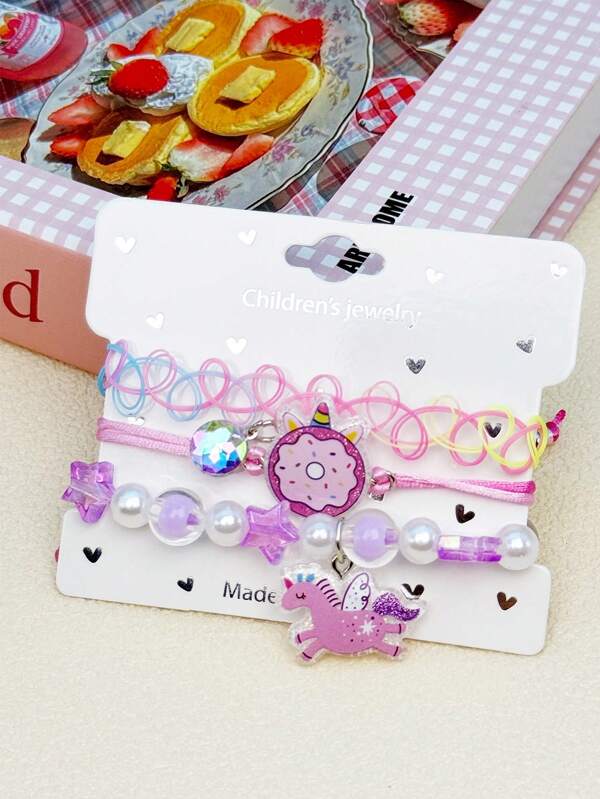 Set de 3 piezas de brazaletes coloridos con dijes de unicornio de dibujos animados, sirena y lindos accesorios de mano para uso diario y regalos de vacaciones para niñas