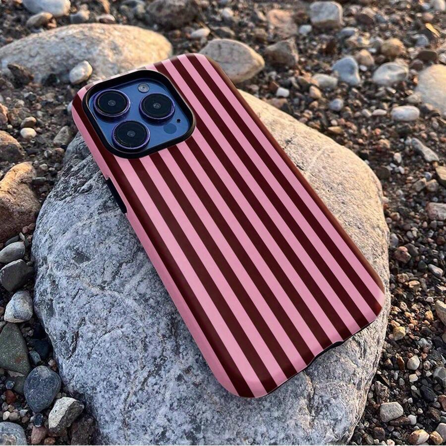 Fashionable Striped, Black And Pink, Dual-Layer Protective Phone Case For Iphone 16 Pro Max, 15 Pro, 13, 11, 12, XS, 8 Plus, 7 Glossy 2-In-1 - White - View 1