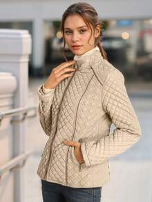 Chaqueta acolchada con capucha casual para mujer Giolshon, con bolsillos, abrigo acolchado ligero, adecuado para uso diario en primavera, otoño e invierno, ropa de invierno para mujer - Beis - Ver 5