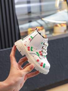 زوج من بوت الأطفال بسحاب جانبي ذات طباعة كرزية، مريحة وقوية ضد البلى بدون بطانة حرارية مناسبة للاستخدام الداخلي والخارجي، موضة للبنات