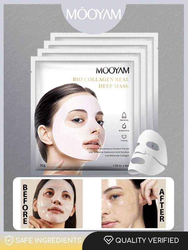 MOOYAM Set de 4 mascarillas faciales de colágeno BIO con efecto antiarrugas y lifting -Fórmulas de cuidado de la piel coreanas hidratantes, mascarilla facial de hoja para una profunda hidratación
