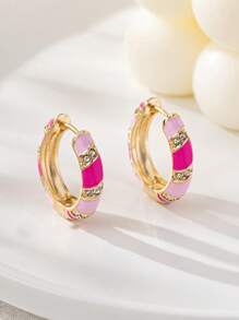 1 Pair Fashionable High-End Niche Versatile Elegant New Striped Diamond Pink Hoop Earrings