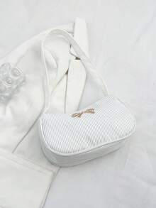 Solid Color Luxury Lightweight Bow Decor Zipper Shoulder Bag, White Bag - White - View 4