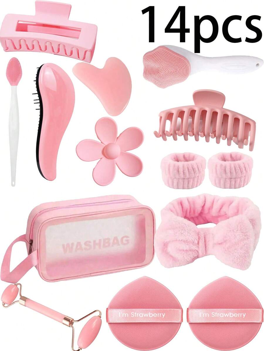 Conjunto de Beleza Facial de 14 Peças, Incluindo Pincel Facial em Forma de Pata de Gato, Pincel de Nariz, Massageador Rolante de Cabeça Dupla, Placa de Raspagem em Forma de Coração, Presilha de Cabelo, Máscara Facial, Pulseira de Cuidados, Ferramentas Portáteis de Limpeza e Esfoliação para Cuidados com a Pele, 1 Escova de Massagem Portátil de Couro Cabeludo para Mulheres, Pente Antiestático para Beleza e Maquiagem Diária, Adequado para Presente