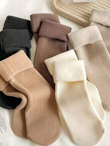 Kit 4 Pairs Of Long-Shaft Thermal Lined Ribbed Socks For Cold Weather Women's Fashion - Multicolor - View 3